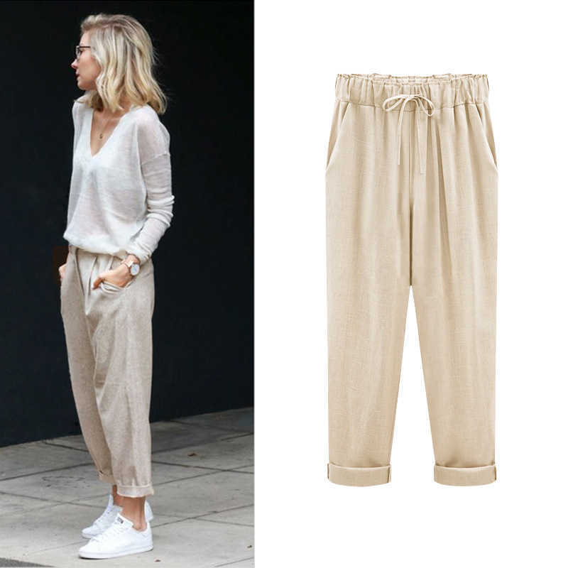 Cotton Linen Pants Elastic high Waist Ankle Length Casual Women Loose spring pants 211006