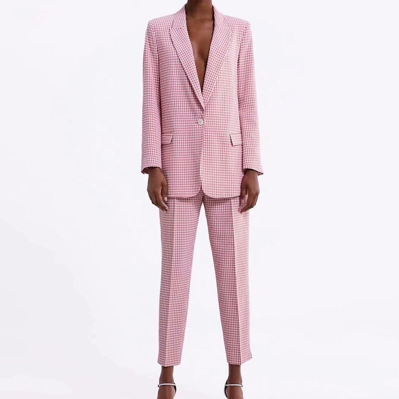 2pcs Spring Autumn Women Blazers suits Fashion Pink Plaid ladies Office TopPant Elegant Girls Suit Causal Outfits Suit 210331