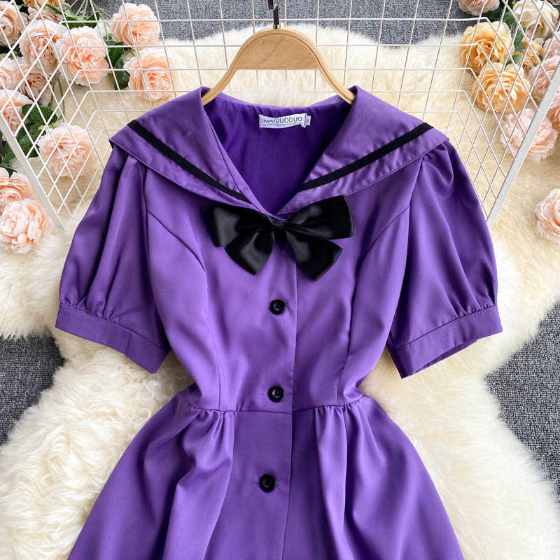 DEAT Women Purple Bow Dress Peter Pan Collar Puff Sleeve Arrivals Lady Temperament Fashion Spring Summer 11D580 210709
