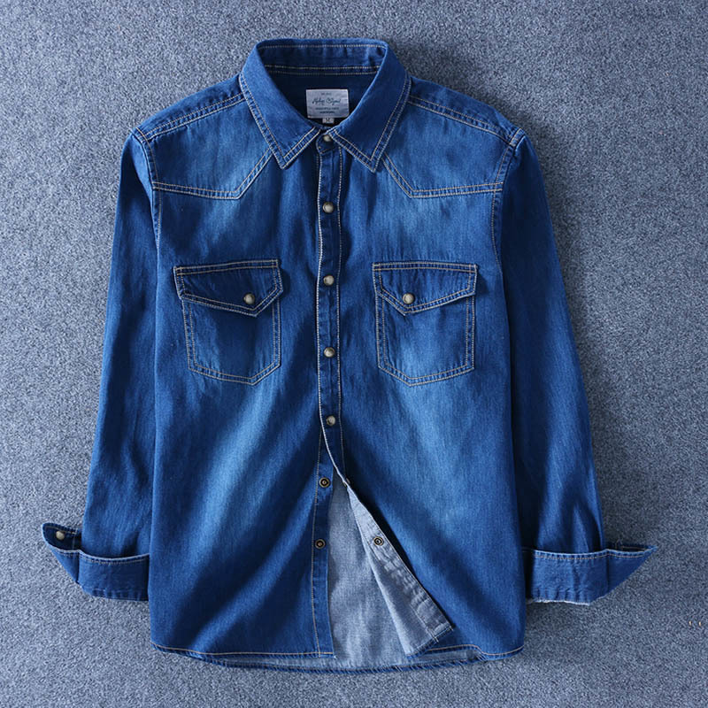 Schinteon Spring Autumn Men Denim Thin Shirt Long Sleeve Soft 100% Cotton Two Pockets Slim Slight Elastic Jeans Cowboy 4XL 210410