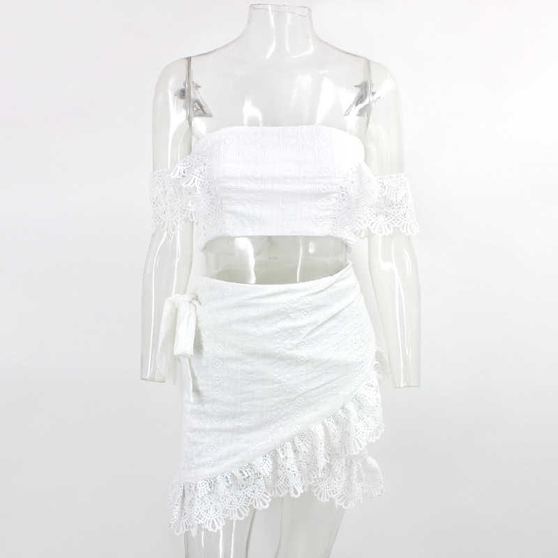 DEAT Summer White Lace Hollow Out Bandage Bodycon Slash Neck Short Top Mini Skirt Two Piece Set Women Outfits MI629 210708