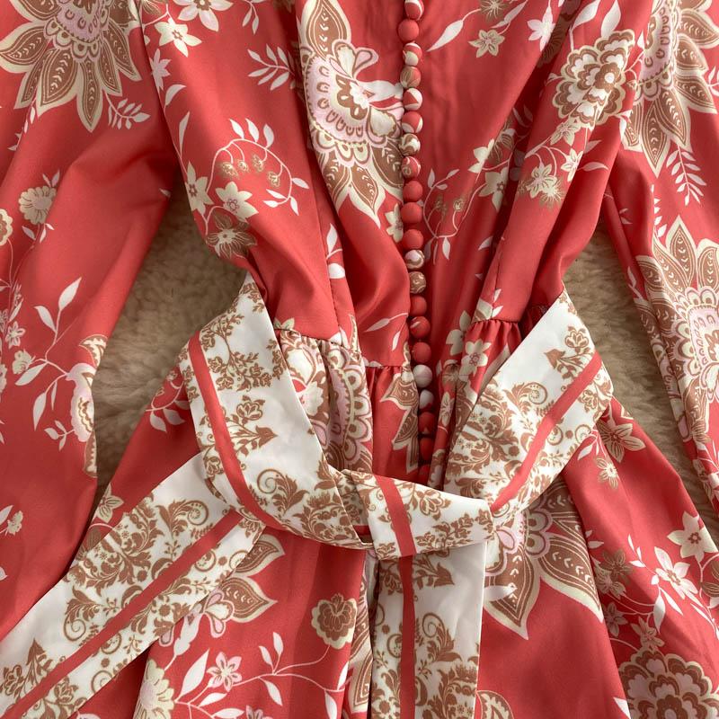 Women Stand Collar Lantern Sleeves Waistband Single-breasted Retro Printed Flowers Red Long Dress Ladies Casual Dresses