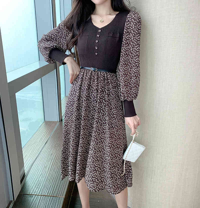 Elegant Knitted Patchwork Midi Dress Autumn Winter Women Long Sleeve Retro Printing Casual Slim 210519