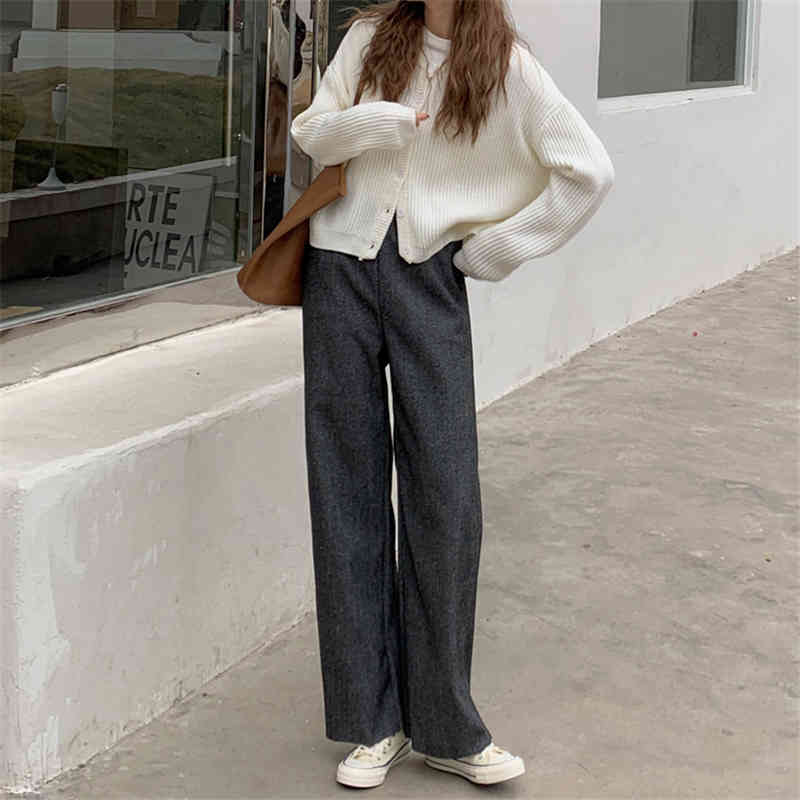 Black High Waist Straight Pants Women Solid Chic Woolen Elegant Minimalist All Match Casual Trousers 210421