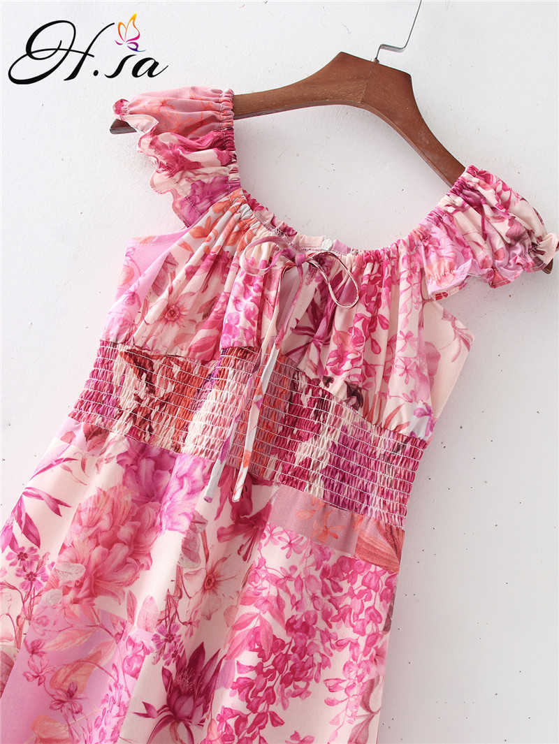 Hsa Summer Floral Dress SexyOff Shouderl Beach Style Loose Pink Holiday Vestidos Bow Tie Cascading Mini Dress Robe Boho 210716