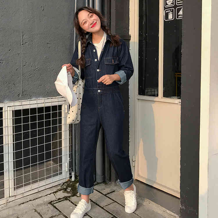 Wohern Cargo Jumpsuit Women Romper Denim Playsuit Autumn Jeans Woman Man Unisex Bodysuit Streetwear Overalls 210519