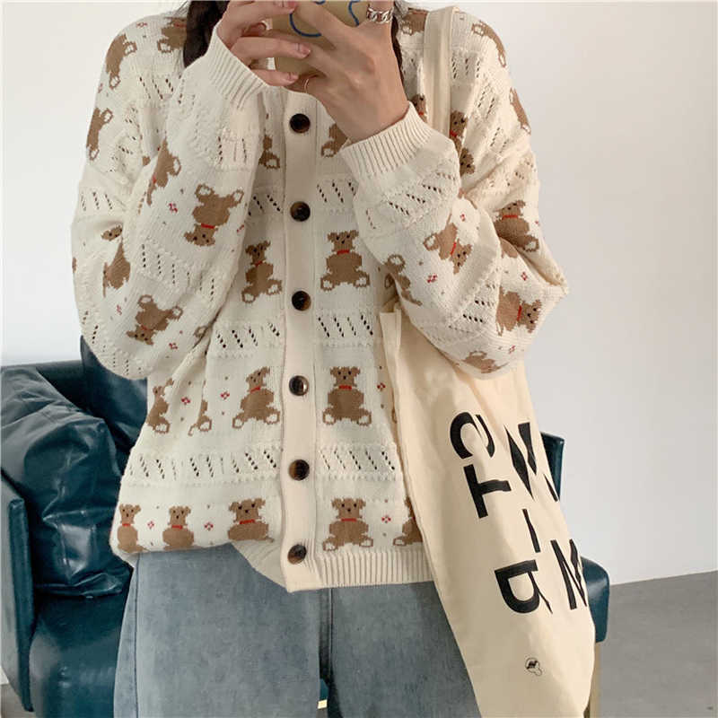 PERHAPS U Women Short Thin Sweater Knitted O Neck Crew Cardigan Button Polka Beige Bear Cartoon Outwear Autumn M0144 210812