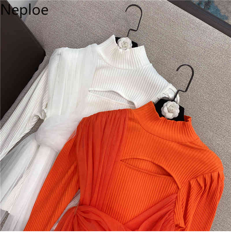 Neploe Sweaters Women Half Turtleneck Gauze Knitted Sexy Pullovers Slim Fit Short Jumper Korean Fashion Sueter Tops 4G294 210422