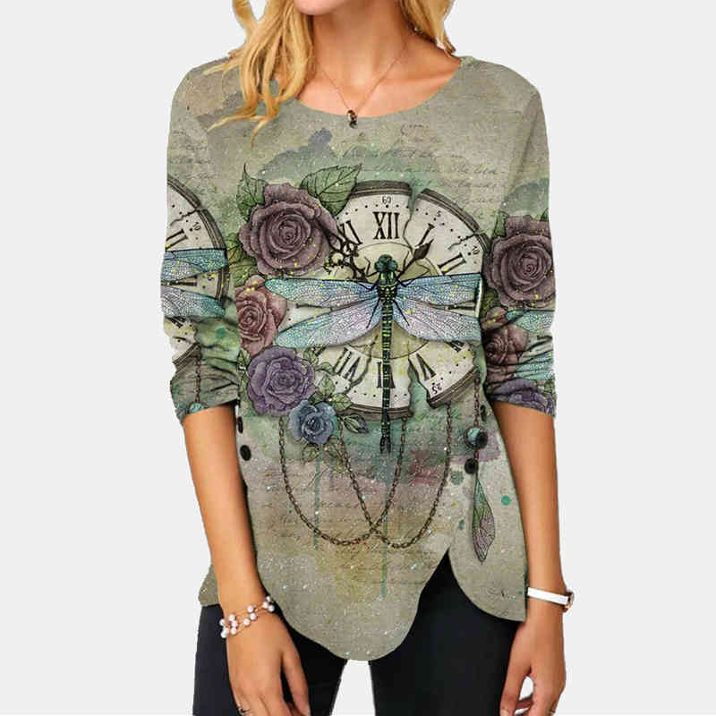 New Fashion Dragonfly Flower Print T-shirt Women Shirts Long Sleeve Ladies Loose Tops Woman Shirt Casual Loose Pullover 210406