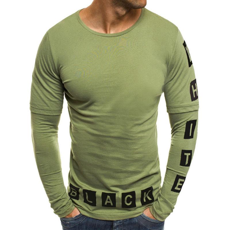 Mens T Shirts Autumn Letter Long Sleeve TShirt Casual O-Neck Top Bodybuilding Muscle Tee Shirt Men, Black