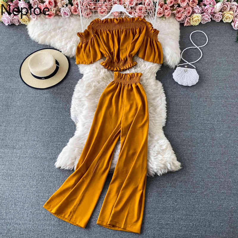 Neploe Fashion Suit Two Piece Outfits for Women Slash Neck Off Shouder Crop Tops Loose Waide Leg Pants Summer Korean 2 Piece Set 210422