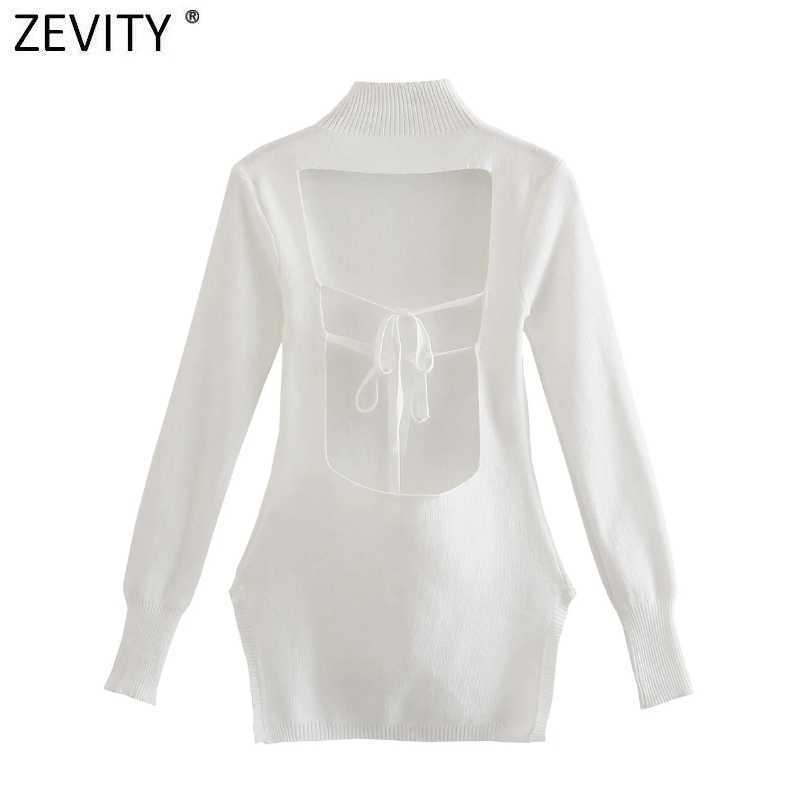 Zevity Women Fashion Stand Collar Long Sleeve White Knitting Sweater Chic Female Backless Lace Up Irregular Pullovers Tops SW847 210603