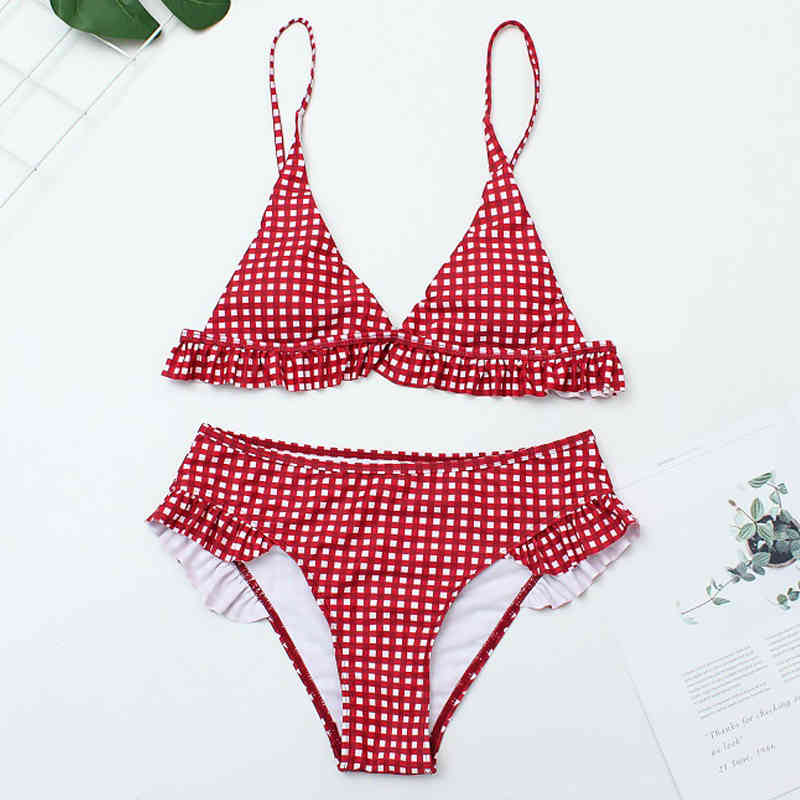 Gingham Sexy Women Bikini Set Push Up Ruffle Swimwear Frill Trim Bathing Suit Beachwear Swimming 210520