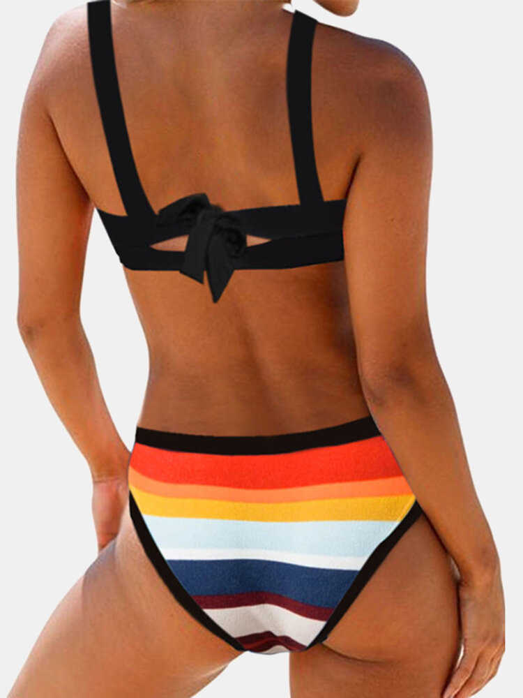 Women Colorful Stripe Print Back String Bikini Backless Swimwear Bathing Suits Striped Swimsuit KZ090 210611