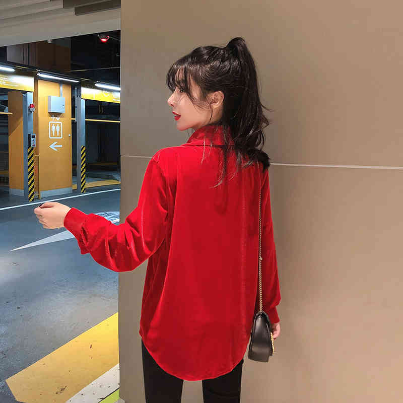 Corduroy Blouses Spring Fall Women Turn-Down Collar Single-Breasted Vintage Tops Long Sleeve Red Shirts 210519