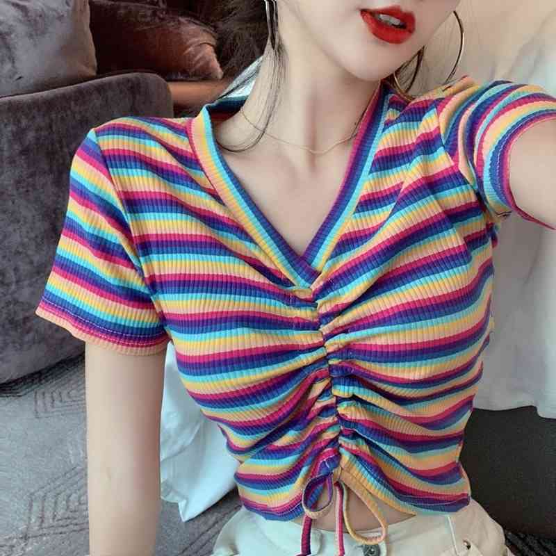 Fashion Sexy V Neck Short Sleeve Drawstring Bandage Rainbow Striped Tshirts Women Summer Knitted Crop Tops Sweet Tees Wild 210429
