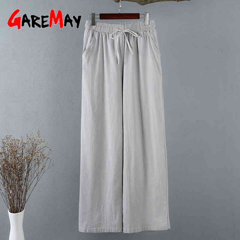 Casual Cotton Linen Pants Women Spring Summer Loose Capri Wide Leg Khaki Elastic Waist Solid Basic Trousers for 210428