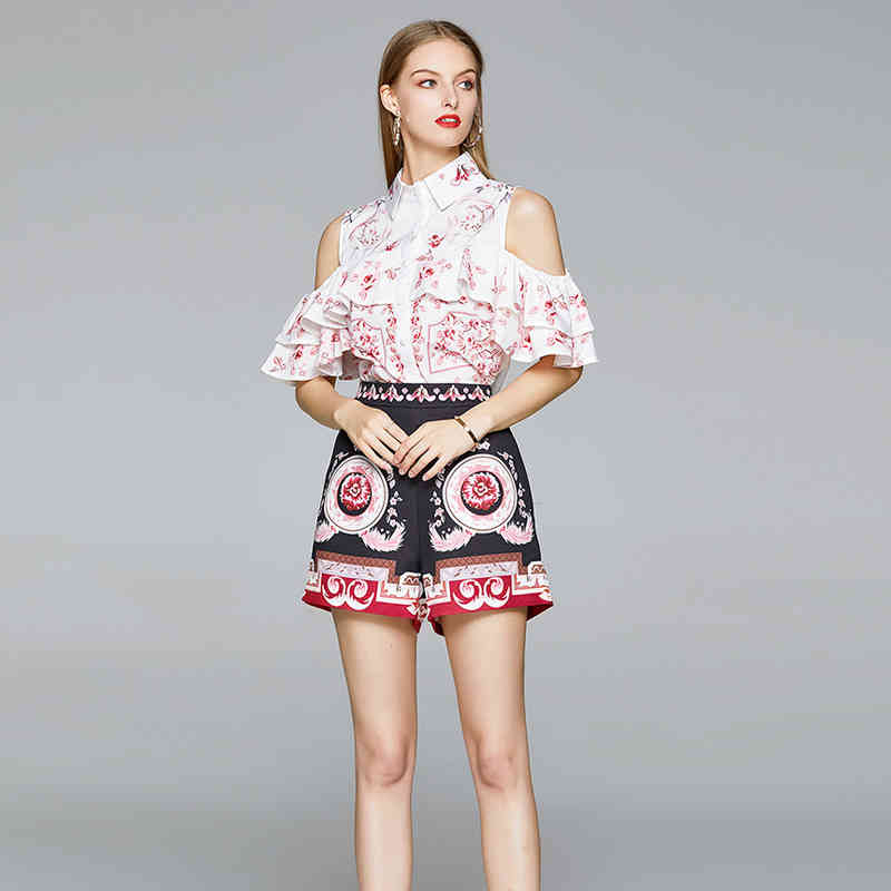 Fashion Runway Summer 2 Piece Set Women Off Shoulder Ruffles Floral Print Shirt Tops + High Waist Wide Leg Shorts 210506
