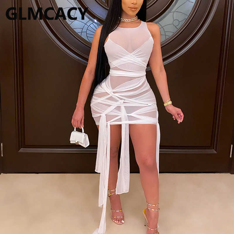 Women Sleeveless Mesh Bodycon Dress Belt Detail Night Out Club Paprty Mini Dresses 210702