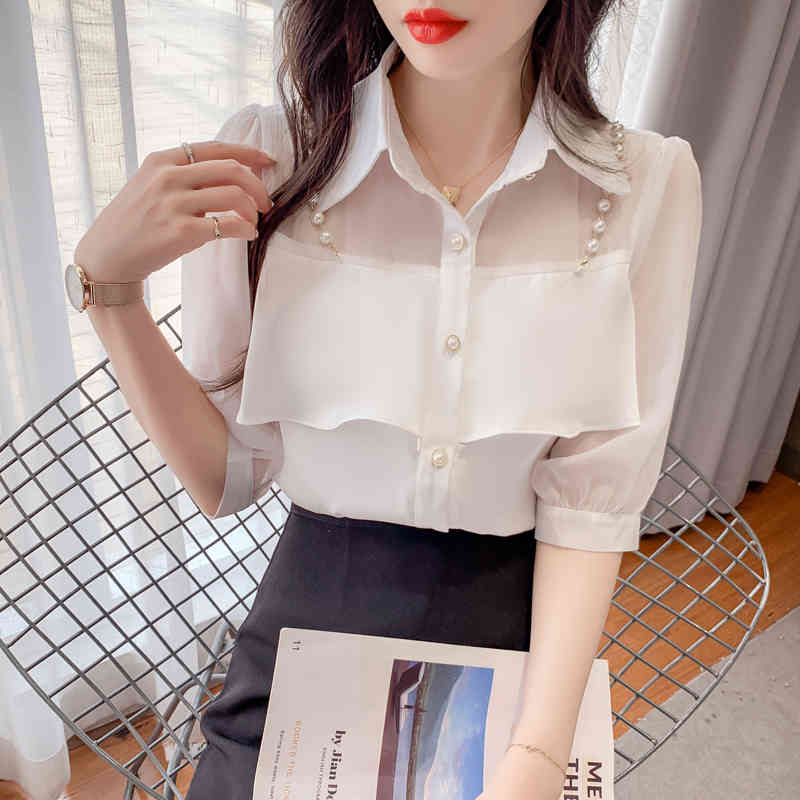 Summer Korean Female Pearl Chain Ruffled Chiffon Stitching Blouse Single Breasted Shirt For Women Fairy Tops 210515