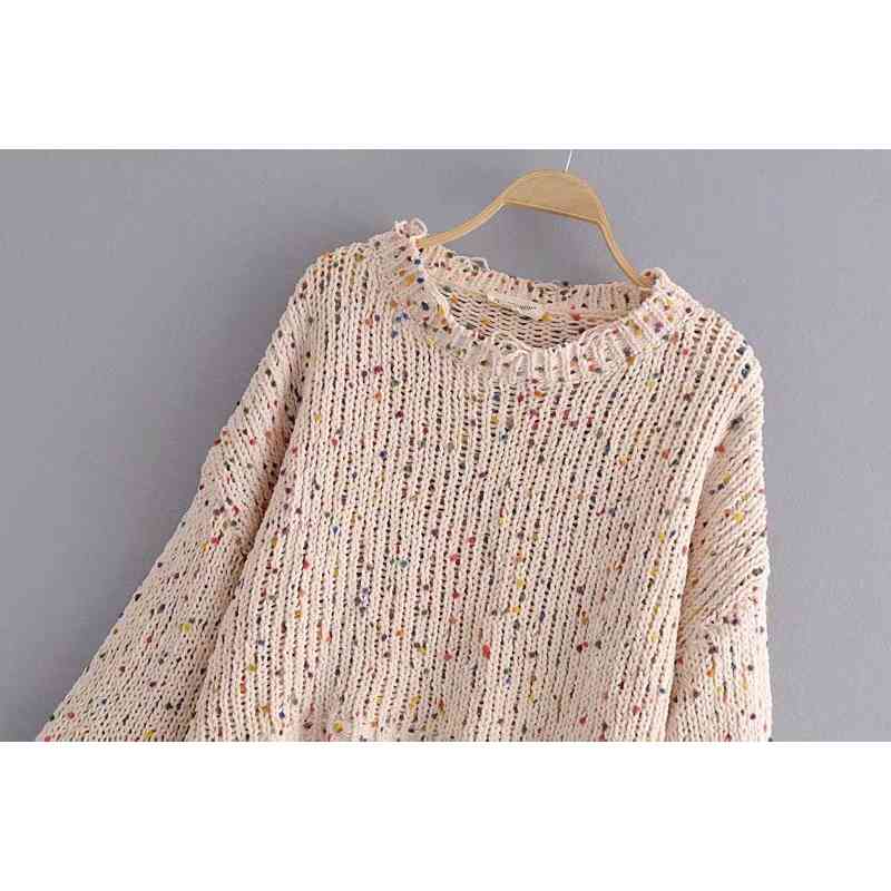 Irregular hollow polka-dot knitted sweater jumps short crop fall winter round neck loose oversized lantern sleeve pullovers tops 210508