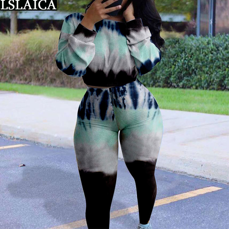 Fashion Fall Clothes for Women Two Piece Set Top and Pants Tie Dye Casual Tracksuit Lounge Wear Plus Size Outfits Sportswear 210520