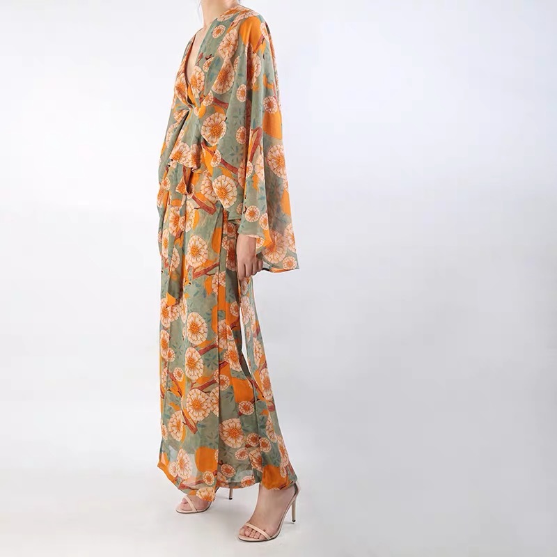 Womens Sets Two Piece Boho Chic Floral Beach Holiday Wide Leg Pants + V-neckTop Set Vintage Outfits For Women 210421