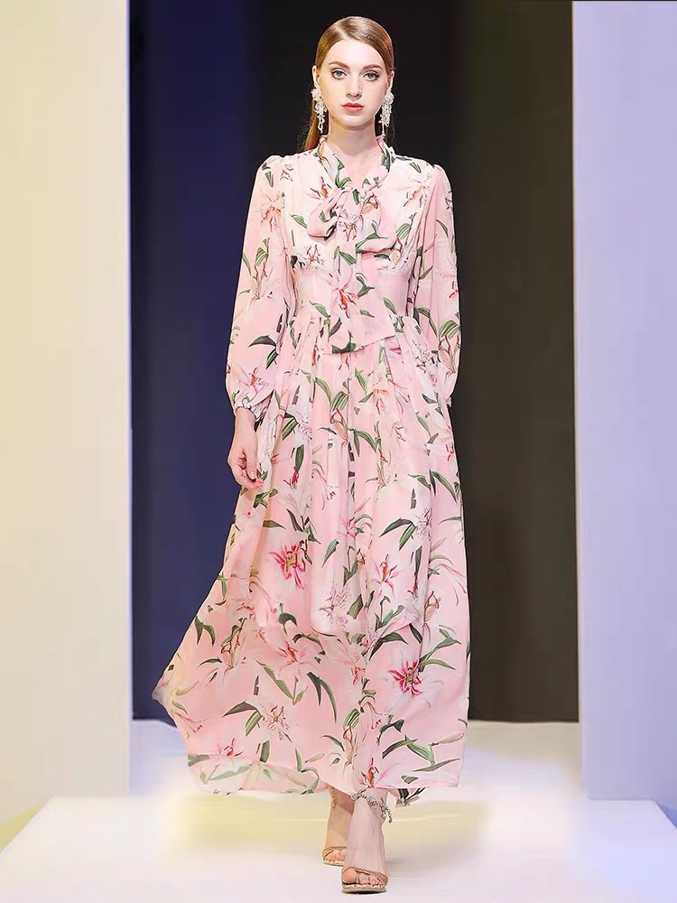 Fashion Runway Long Sleeve Dress Women's Bow Tie Chiffon Lily Flower Print Casual Holiday Elegant Maxi Beach 210421