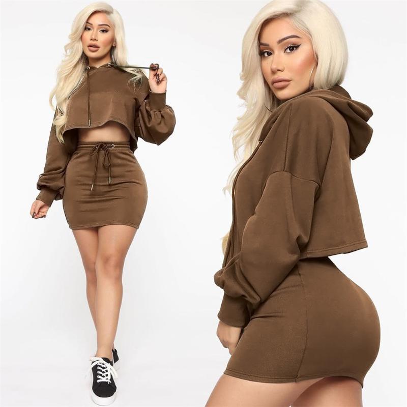 Spring Autumn Two Piece Skirt Set Women Hooded Long Sleeve Sweatshirt Crop Top And Mini Casual Club 2 Outfits Women's Tracksuits