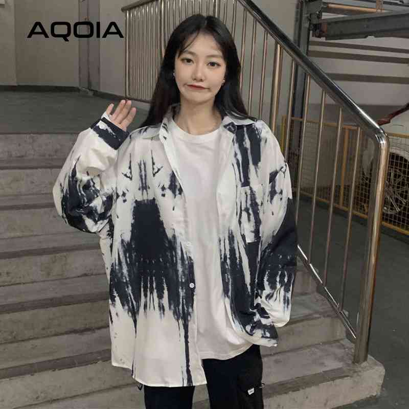Hip Hop Button Women Blouse Tunic Shirt Tie dye Long Sleeve Oversize Ladies Shirts Summer Turn Down Collar Plus Size Tops 210521