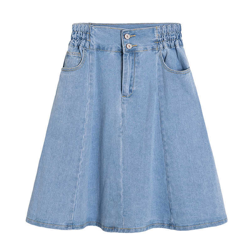 Denim skirt women's mid-length high waist A-line denim pleated puffy with pocket falda pantalon de mujer 210619