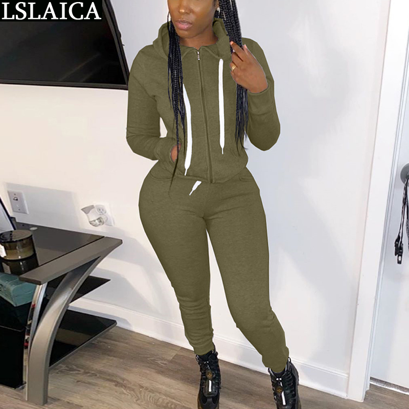 Plus Size Clothing for Women Solid Hooded Sweatshirt Long Pants Set 2 Piece Zipper Drawstring Sport Fitness Track Suit 210520