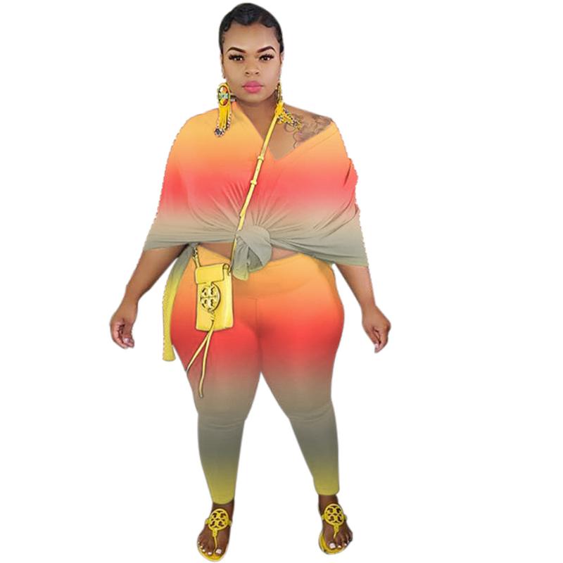 Summer Autumn Women Outfits S--5XL Gradient Half Sleeves Long T Shirt With Split + Leggings Two Pieces Party Sports Sets Women's Tracksuits