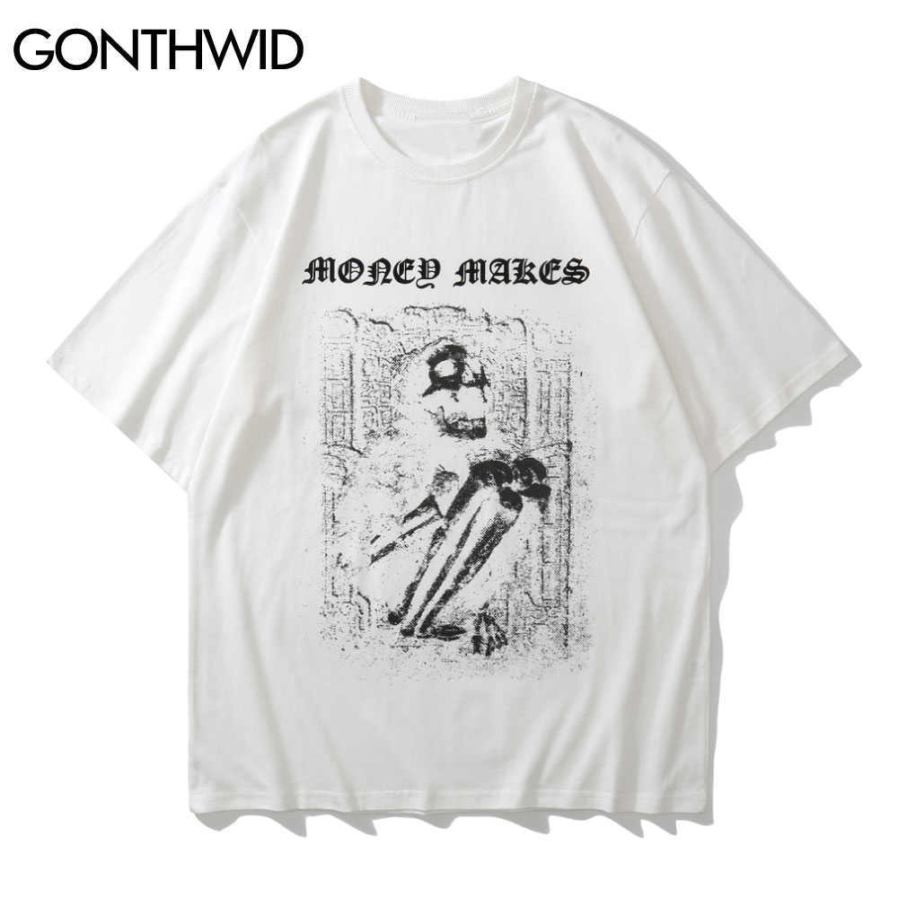 GONTHWID Streetwear Distressed T-Shirts Hip Hop Skeleton Skull Short Sleeve Tshirts Punk Rock Gothic Tees Shirts Harajuku Tops 210629