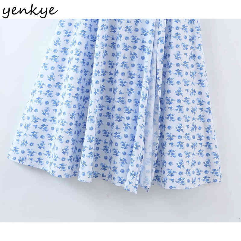 Blue Floral Print Elegant Long Maxi Dress Women Square Neck Short Sleeve Sexy Slits A-line Summer Robe Longue 210430