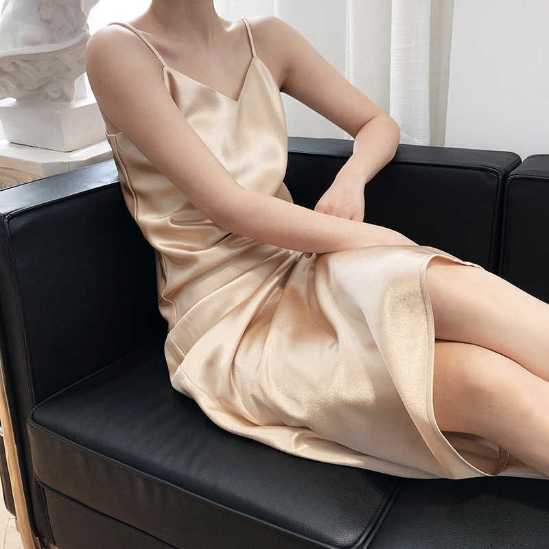 Summer Arrive Women Satin Camis Sexy Dress A-line Solid Sleeveless Mid-calf High-waist V-neck French Bottoms 210623