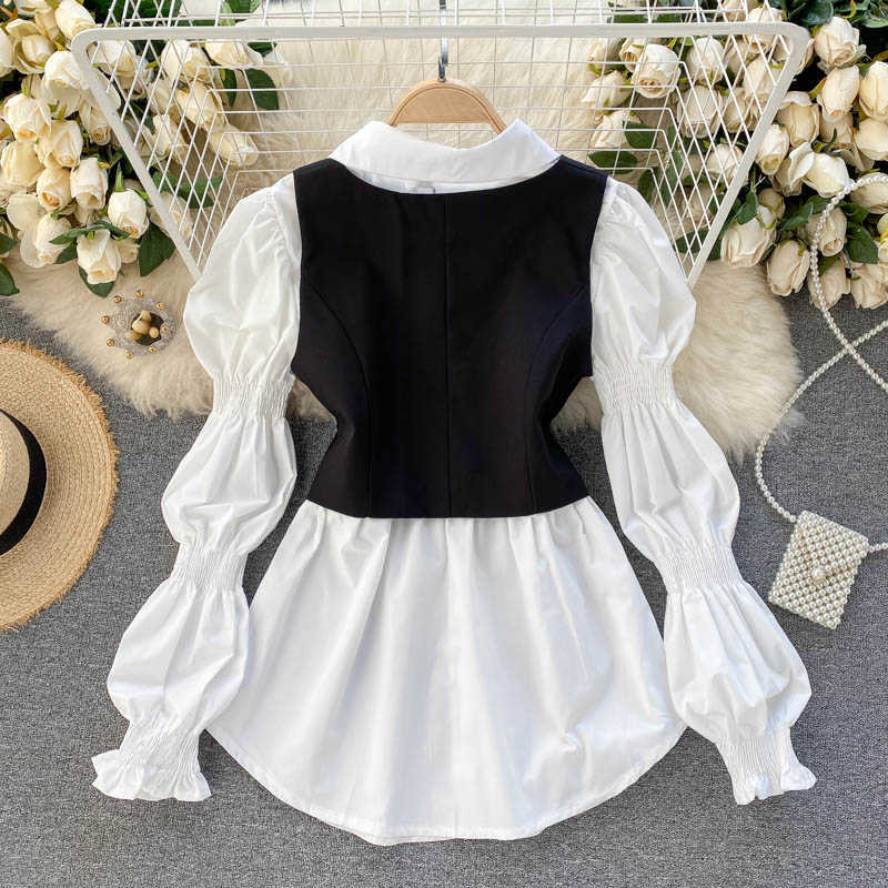 Women Korean Fashion Long Sleeve Shirt + High Street Slim Vest Two-piece Sets R652 210527