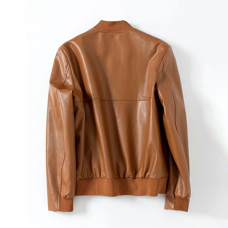 Fashion Women Brown Color Pu Leather Jacket Outerwear Autumn Spring Long Sleeve Office Casual Coat Lady Femme Veste 210414