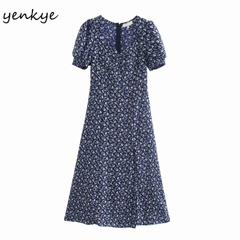 Sweet Women Vintage Floral Print Elegant Dress Female Draped V Neck Short Sleeve Sexy Slits A-line Summer Midi Robe 210430