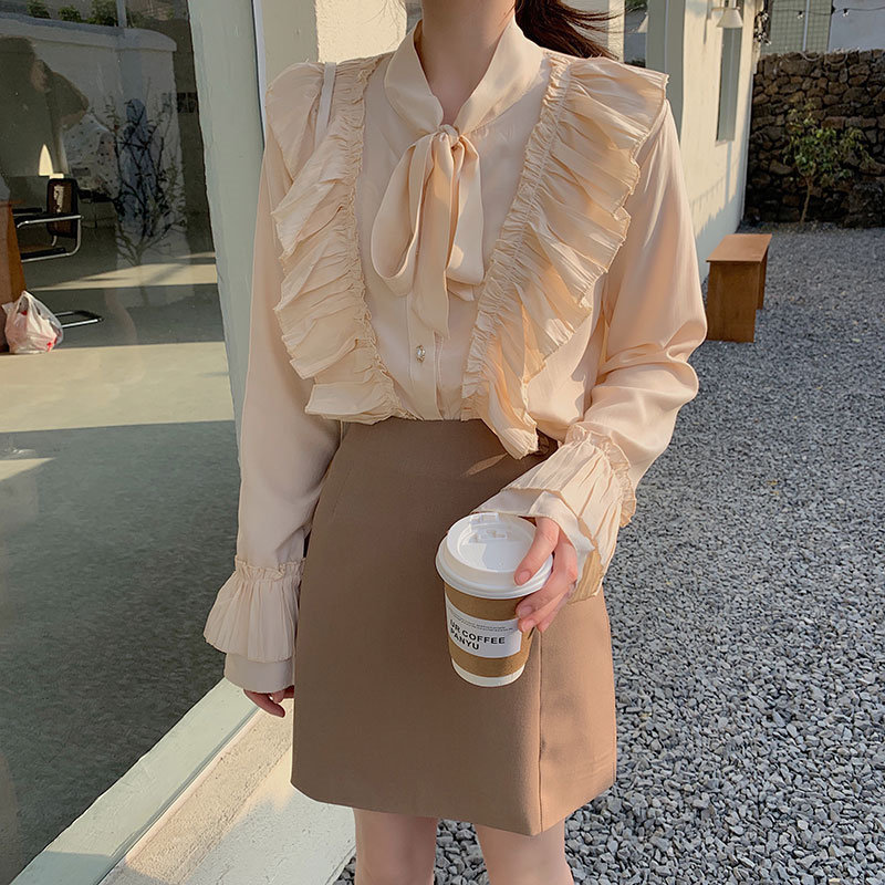 OL Formal High Street Bow Solid Large Size Feminine All Match Shirts Spring Lace Up Women Gentle Blouses Tops 210421