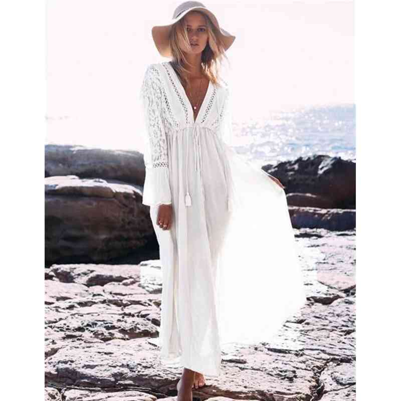 White Rayon Beach Long Dress Swimwear Tunics Kaftan wear Cover ups Robe de Plage Saida Praia #Q274 210420