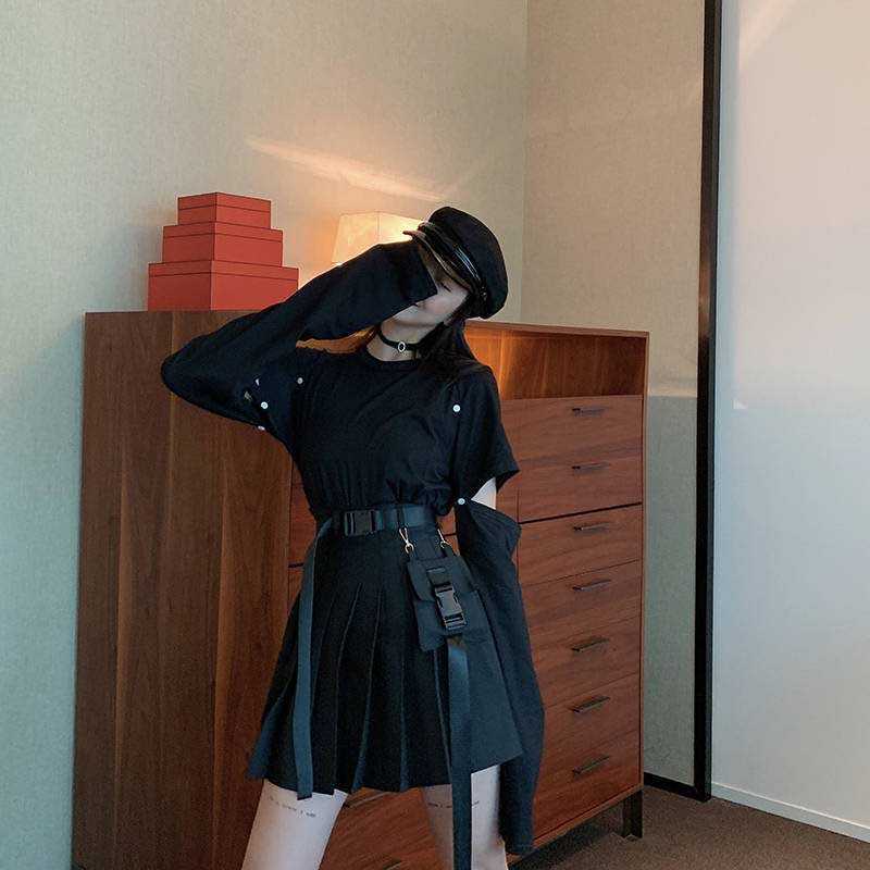 two piece set women Retro Hong Kong style disassembly long-sleeved T-shirt top + pleated skirt fashion summer suit 210526