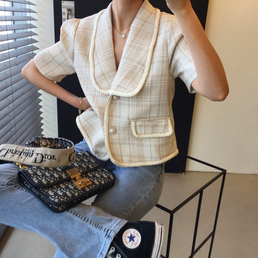 Temperament Ladies Korea Style Plaid Tweed Women Short Sleeve Jacket Spring Elegant Female Fashion Casual Chic Cardigan Top 210519