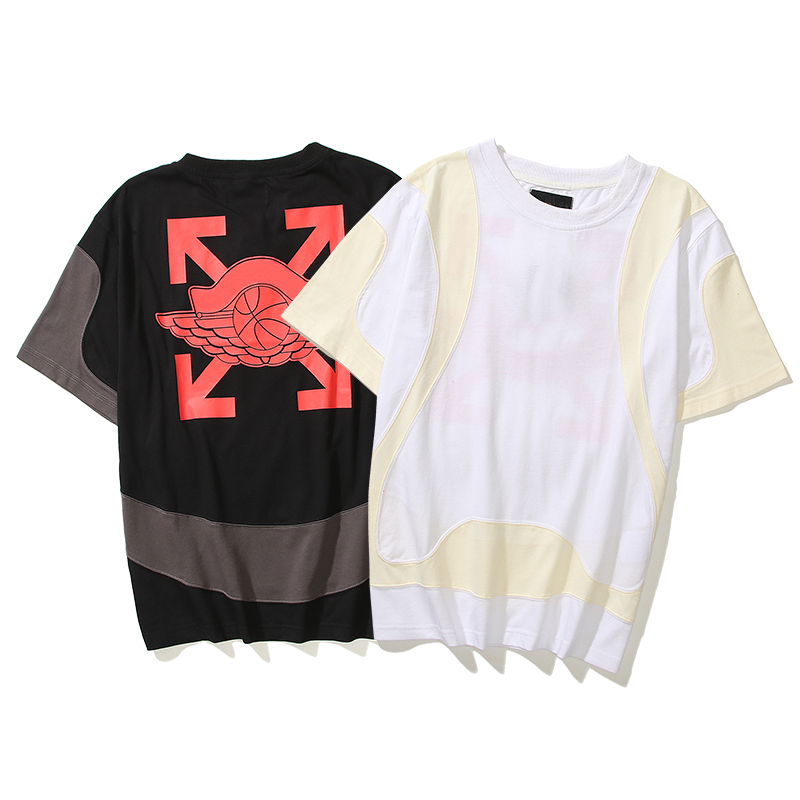 Mens T Shirt Offow Joint Short-Sleeved Wings Stitching Off Loose Large Size Couple Clothes Flying Man Sports White Clothing-image