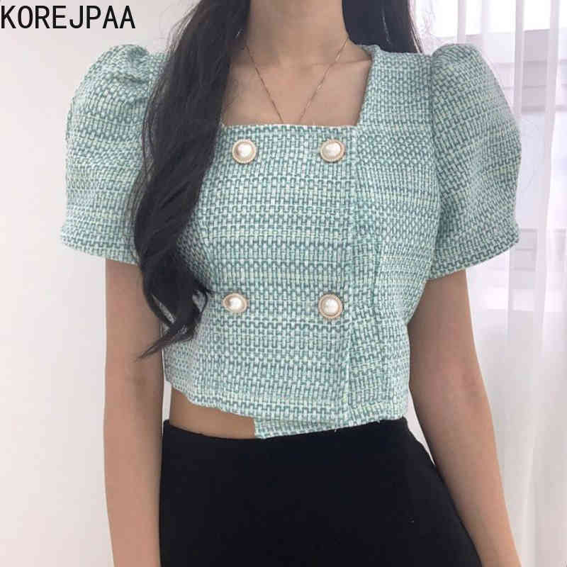Women Jackets Summer Korean Chic Temperament Square Collar Pearl Double Breasted Puff Sleeve Irregular Tweed Coat 210514