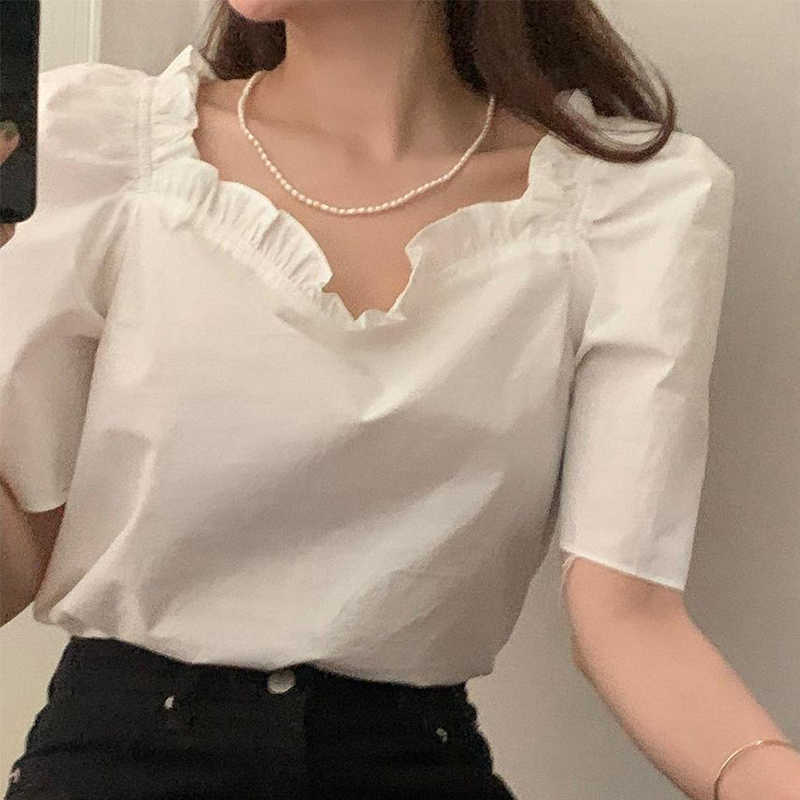 Korejpaa Women Shirt Summer Korea Chic Gentle Temperament Square Collar Wooden Ear Stitching Solid Color Puff Sleeve Blouse 210526