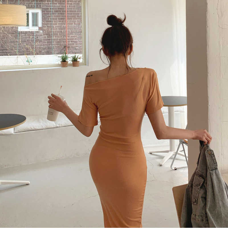 WOMENGAGA Korea summer sexy slim Strapless Diagonal collar fold show thin split long dress dresses robe maxi C0GH 210603