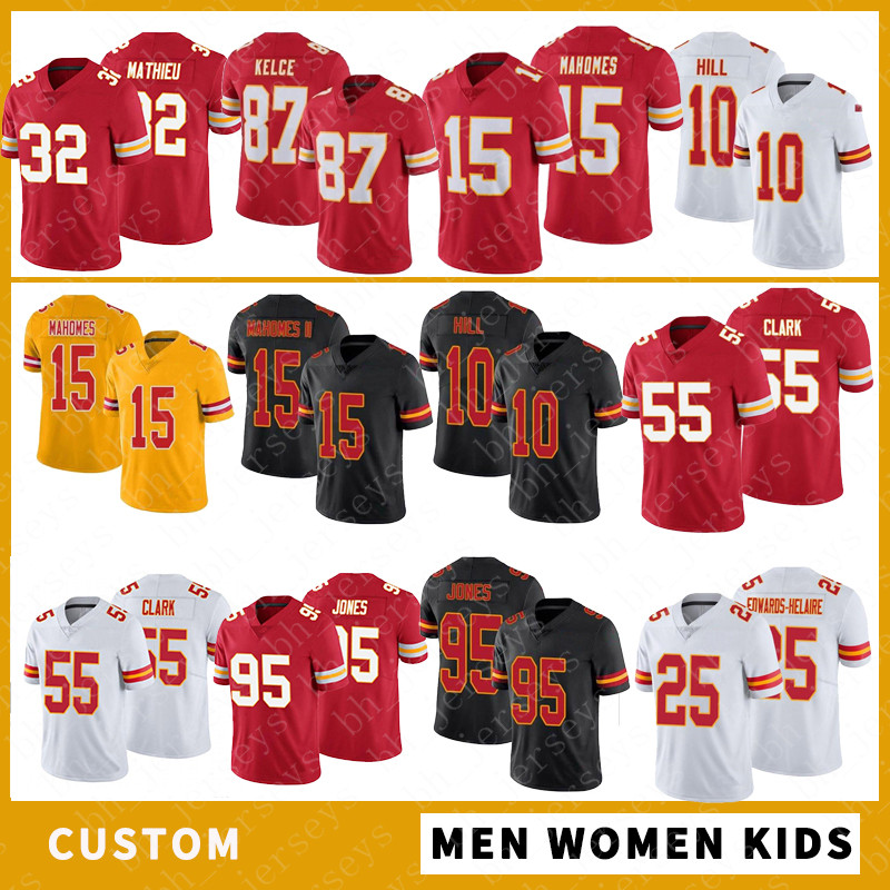 15 Patrick Mahomes Custom Men Women Kids Football Jerseys 87 Travis Kelce 10 Tyreek Hill 95 Chris Jones 25 Edwards-Helaire 26 Bell 14 Watkins High quality Stitched, Shown 
15 Patrick Mahomes Custom Men Women Kids Football Jerseys 87 Travis Kelce 10 Tyreek Hill 95 Chris Jones 25 Edwards-Helaire 26 Bell 14 Watkins High quality Stitched, Shown