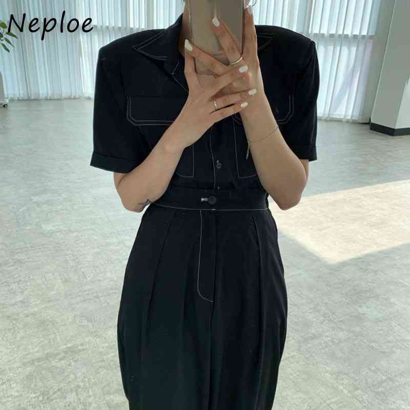 Work Style Ol 2 Pcs Women Set Turn Down Collar Short Sleeve Single Breast Shirt + High Waist Hip Straight Pant Black Suit 210422