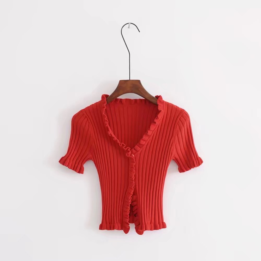 Autumn knit sweater female Women Ruffle Trim Crop Knit Cardigan with Short Sleeve Deep V Neck casual jumper pull femme 210508